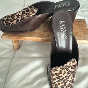 Franco Sarto Dark Brown Leather Mules with Leopard Print Accent